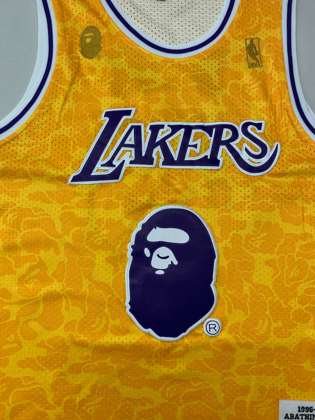 Men's Los Angeles Lakers x BAPE #93 Yellow 1996-97 Hardwood Classics Swingman Jersey