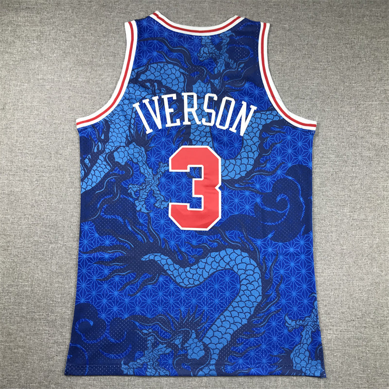 Men's Allen Iverson Philadelphia 76ers #3 Mitchell & Ness Hardwood Classics Dragon Jersey – Blue