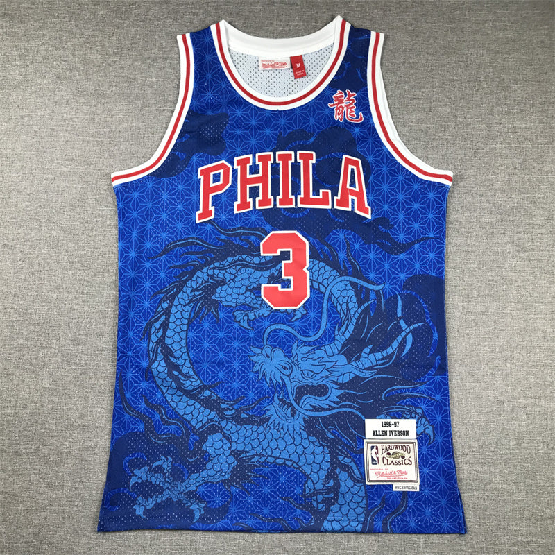 Men's Allen Iverson Philadelphia 76ers #3 Mitchell & Ness Hardwood Classics Dragon Jersey – Blue